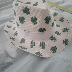 White Straw Fedora with Green Clover Print